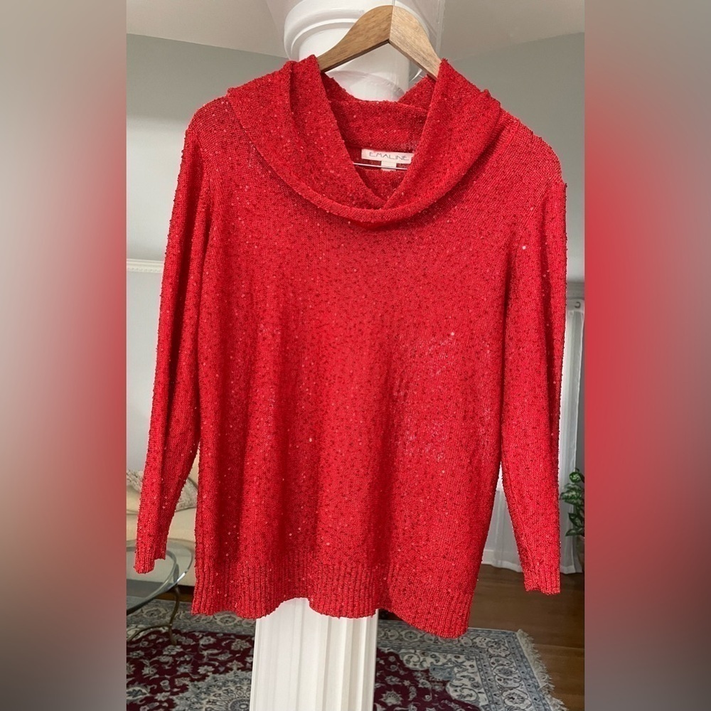 Emaline women’s long sleeve Cowlneck sparkling red sweater size  large.
